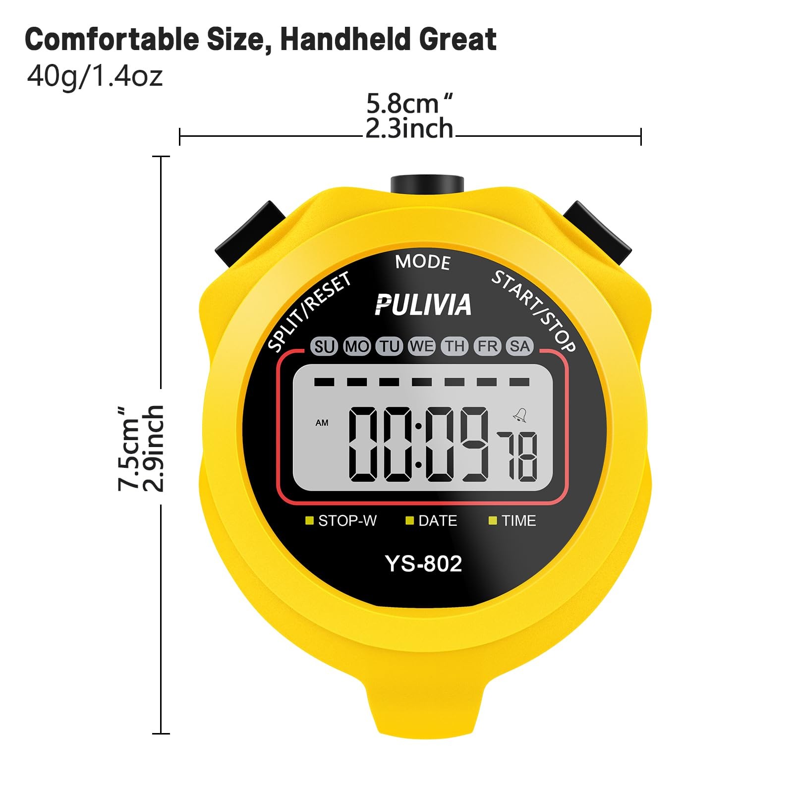 PULIVIA Sports Stopwatch Timer, Single Lap Split Digital Stop Watch Yellow