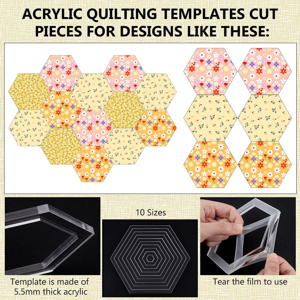 Hexagon Quilting Template 10 Sizes Acrylic Sewing Machine Ruler Cutting Craft