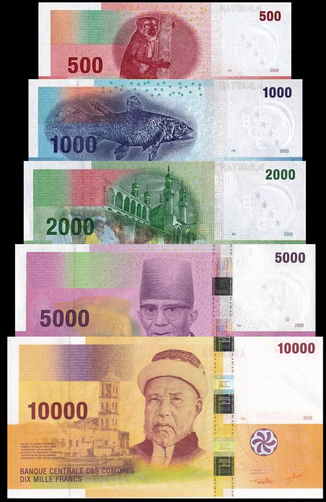 Comoros , Complete Set 5 PCS ( 2006 - 2021 )  500 -10000 Francs P 15 - P 19, UNC