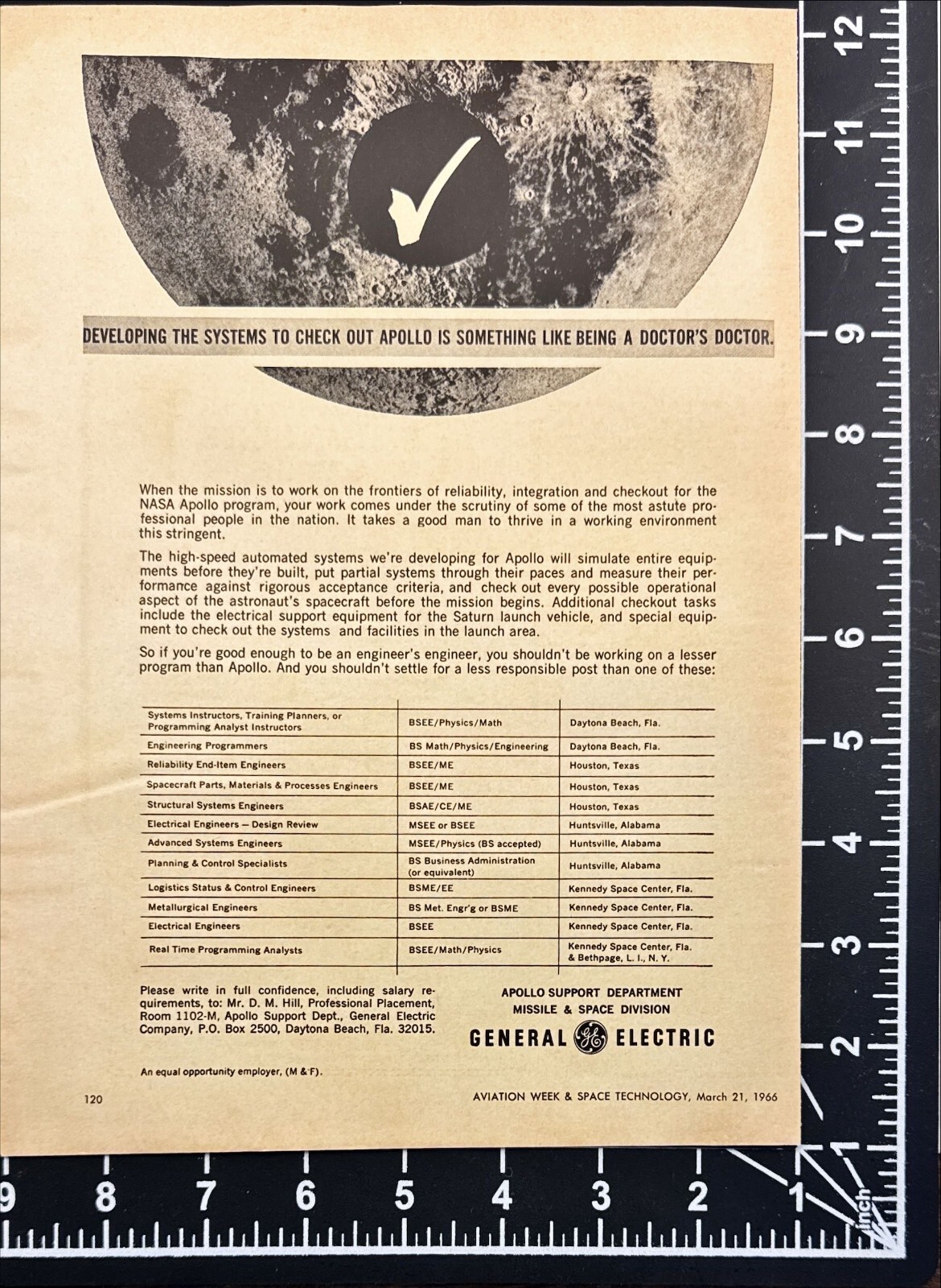 General Electric Engineers Needed for NASA Apollo Program Vintage Print Ad 1966