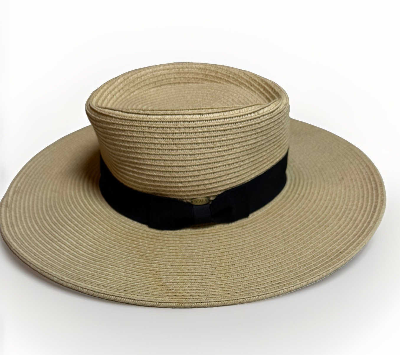 Scala Straw Diego Boater Hat Grosgrain Band Tan Black Sun Summer Packable Beach