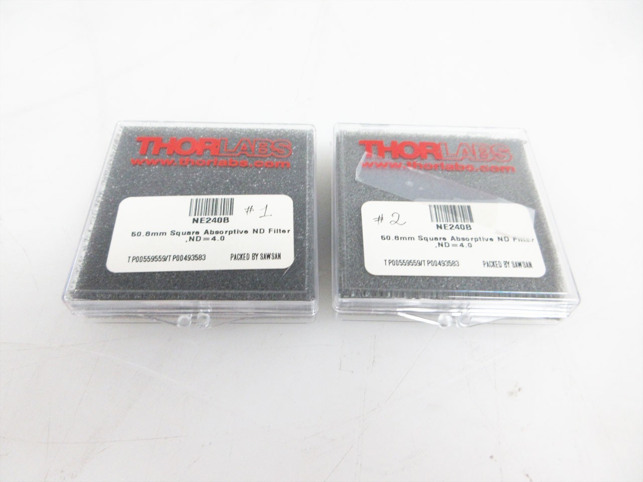 2x THORLABS NE240B UNMOUNTED 2 " X 2" ABSORPTIVE ND FILTER, OPTICAL DENSITY: 4.0