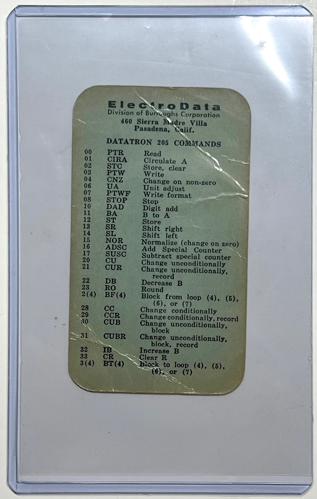 1956 ELECTRODATA DATATRON 205 COMMAND CARD BURROUGHS PASADENA MAINFRAME