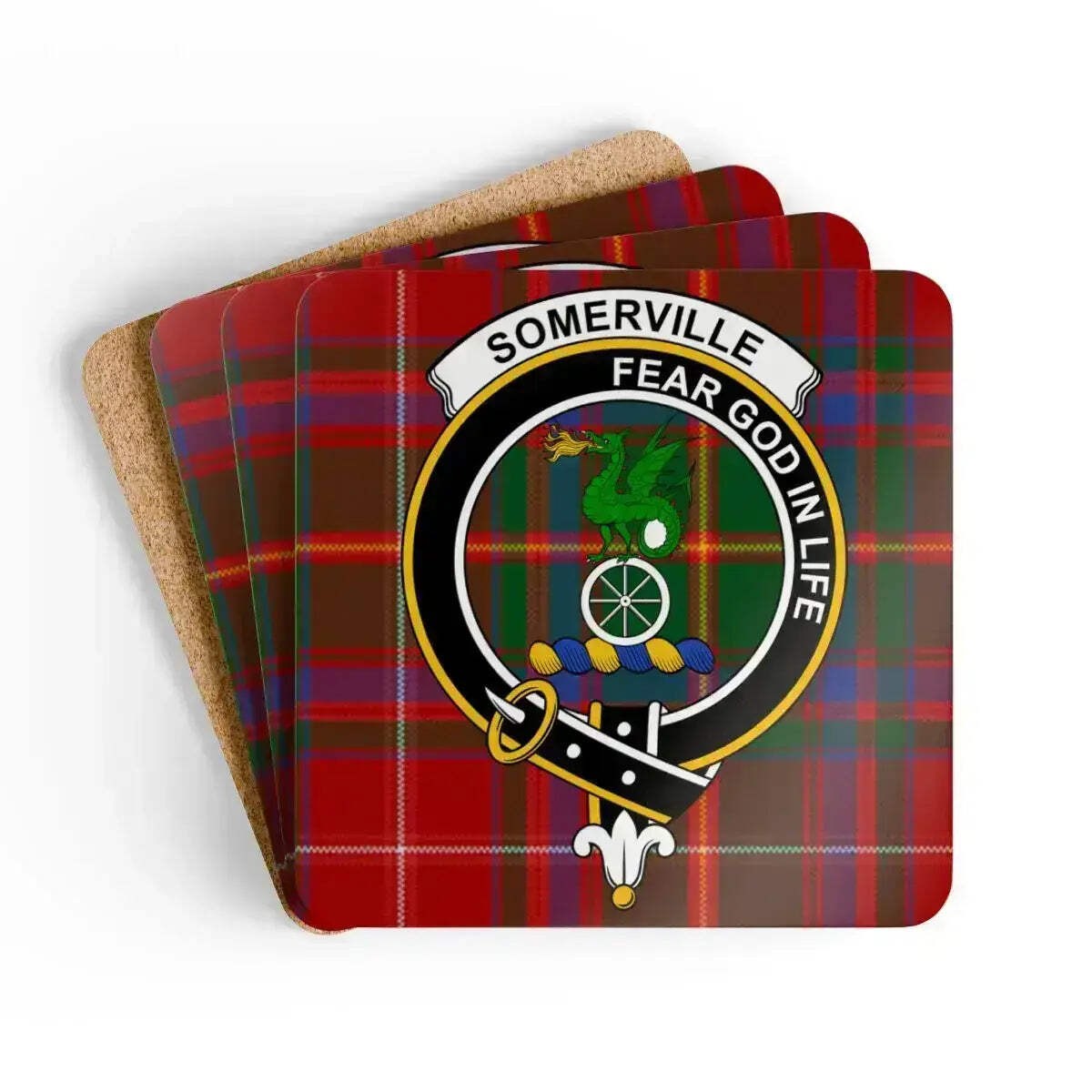 Somerville Clan Crest Scottish Tartan Coaster Set