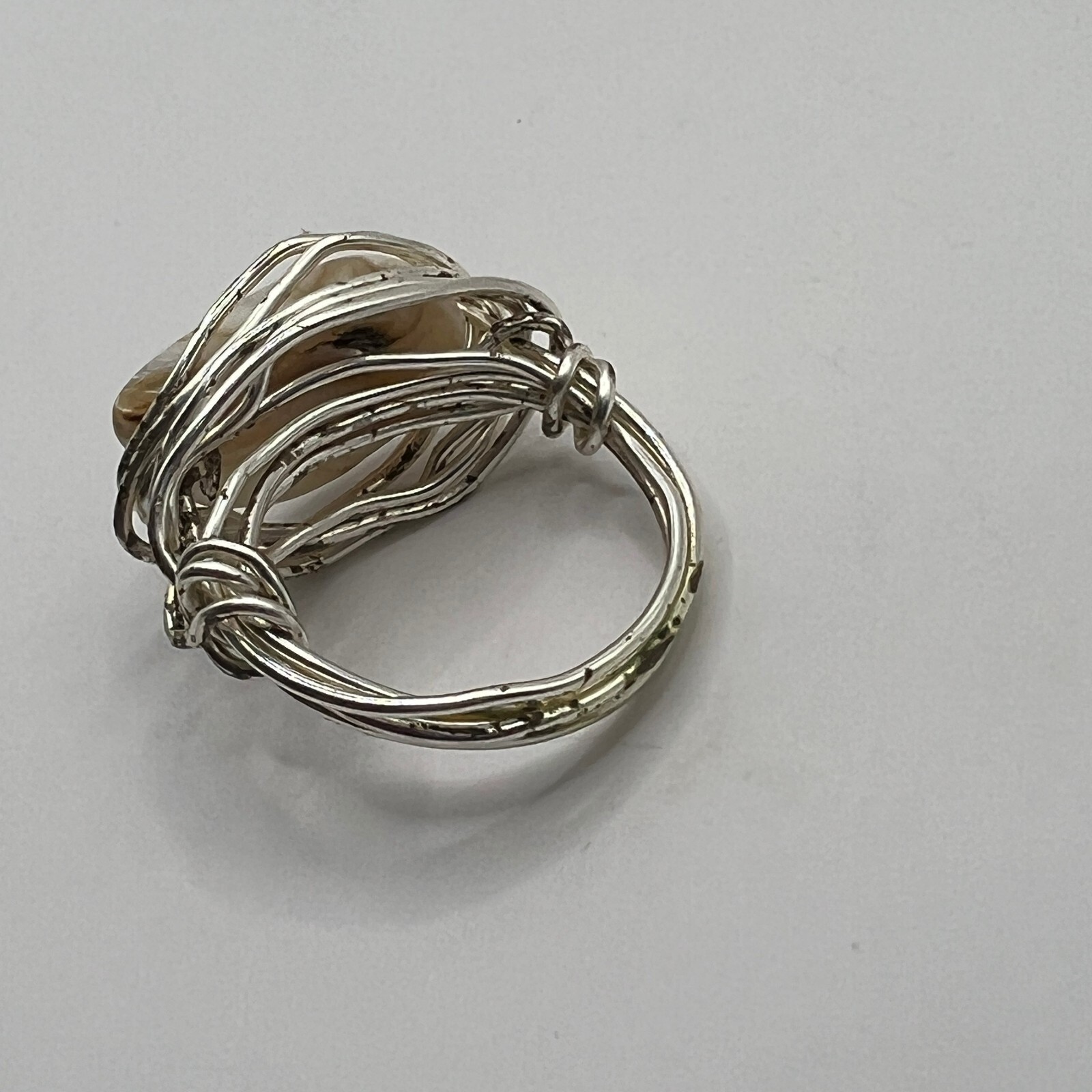 Artisan Silver Tone Wrap Ring White Stone Hand Made Size 6