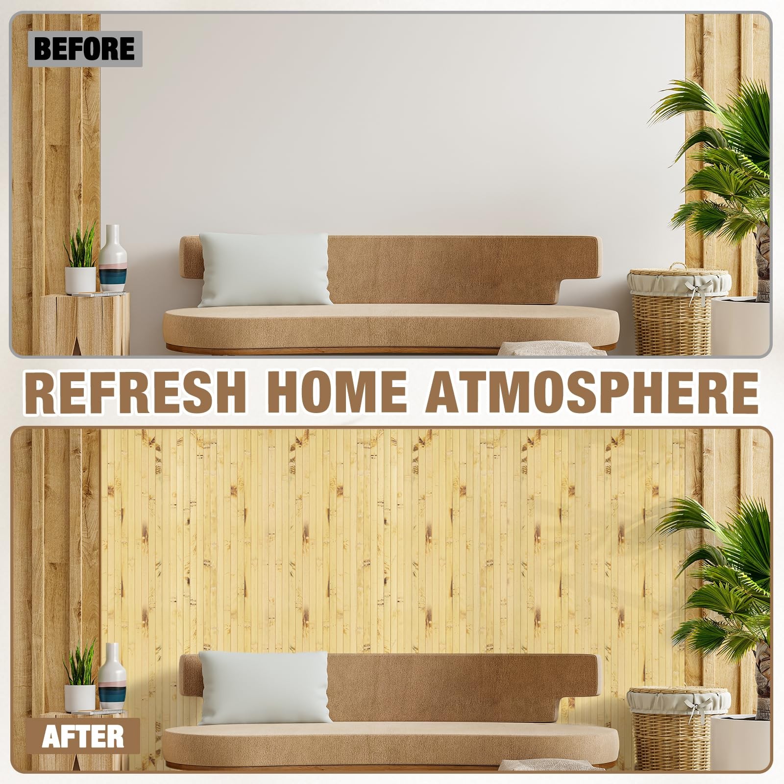 EYAYEN Natural Bamboo Wall Panel Wainscoting Interior Wall Decor 48"x96"