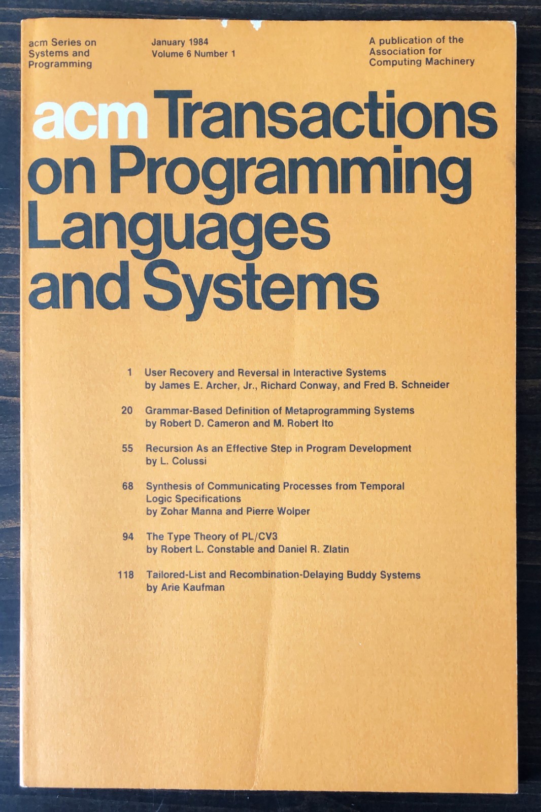 1984 ACM Transactions On Programming Languages And Systems - Lot of 1 (January)