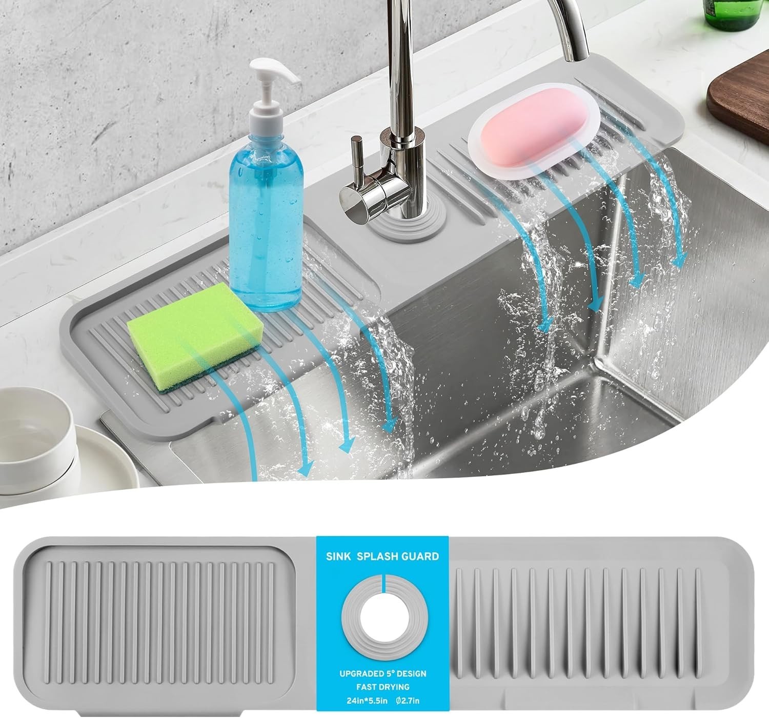 24"Longer Silicone Faucet Mat for Kitchen Sink 5°Slope Faucets Draining Mat Grey