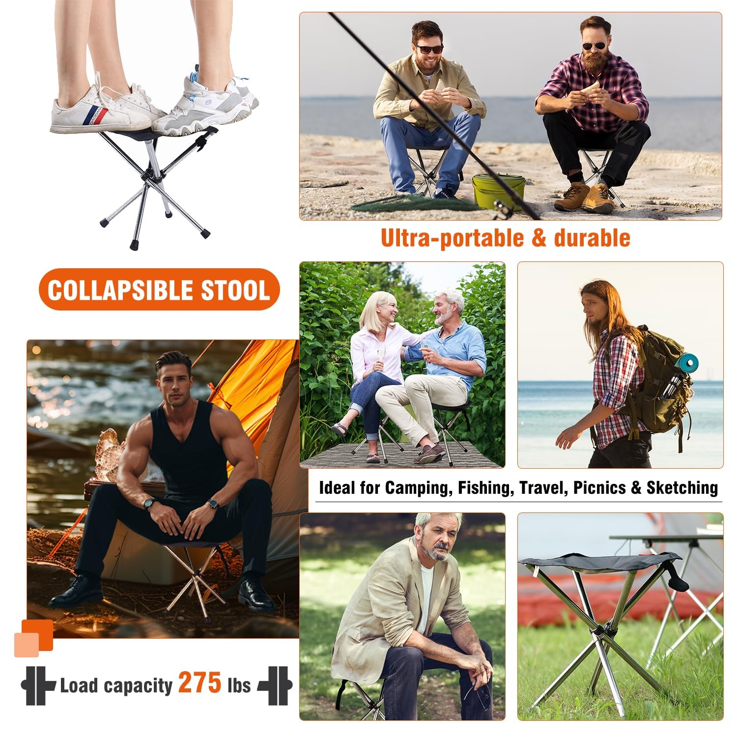 Lightweight Foldable Camping Stool, Adjustable Height, Quick Setup, 275lbs Limit