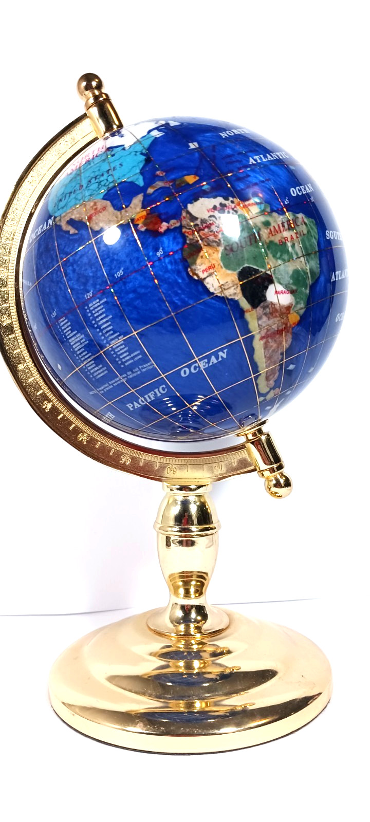 Gemstone Globe Brass Stand Spins Lapis Lazuli & Other Semi-precious Stones 12”