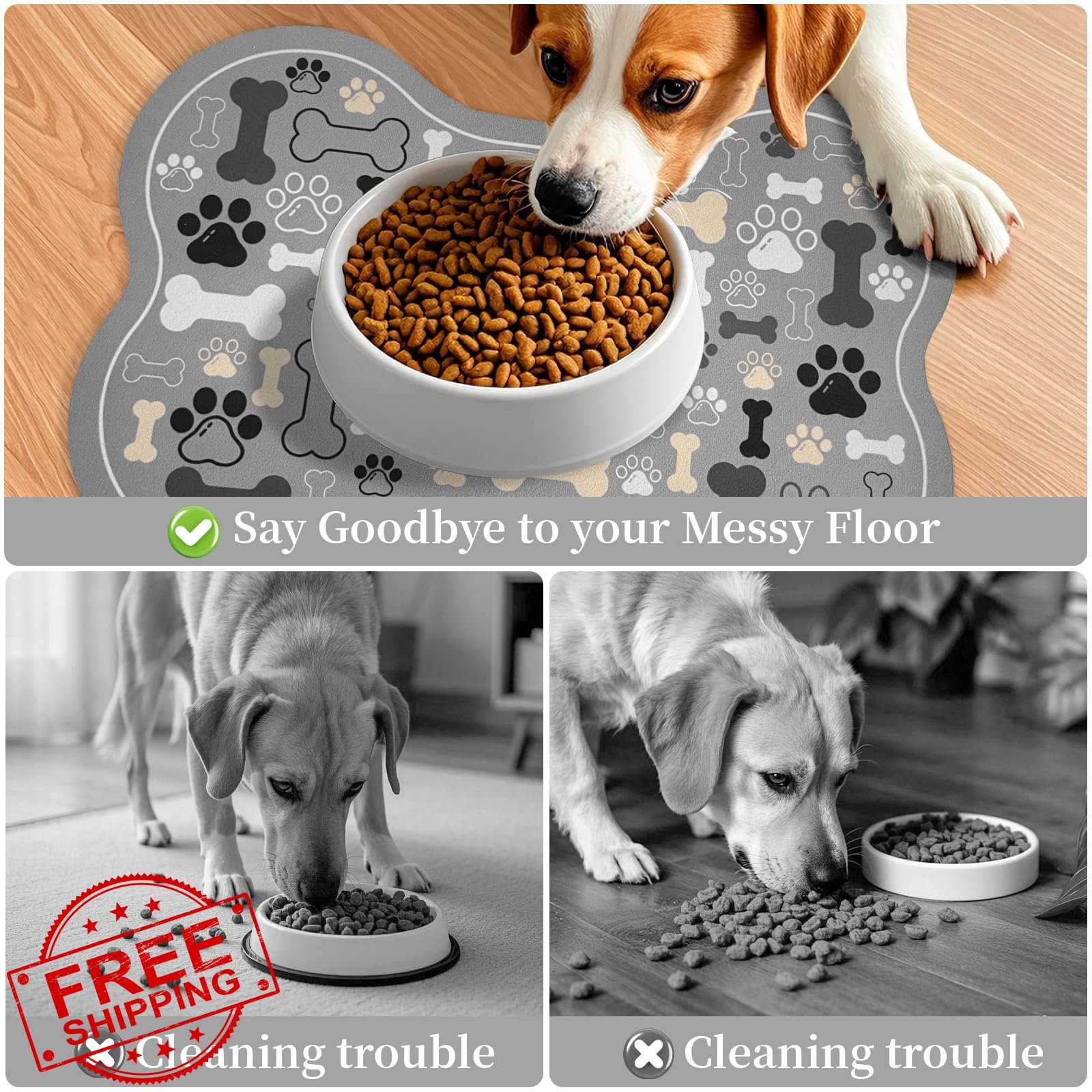 UYDOXCU Dog Cat Food Mat Gray Bone Shaped 12x18 inches Stain Resistant