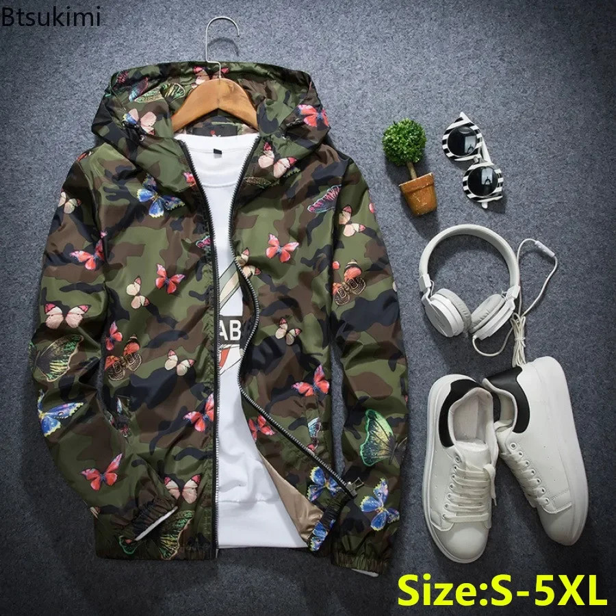 2025 Spring New Men's Camouflage Hooded Jacket Fashion Butterfly Print Loose Cas