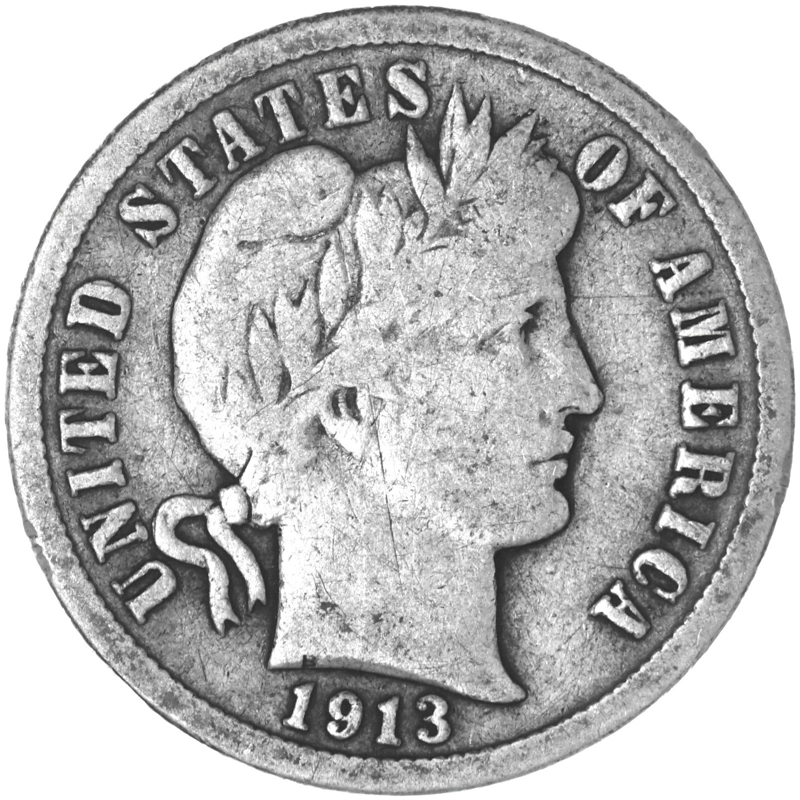 1913 (P) Barber Dime 90% Silver Very Good VG