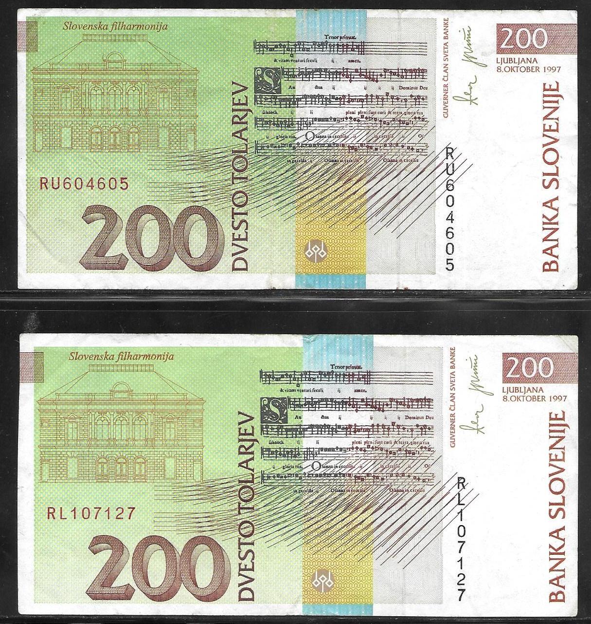 SLOVENIA; 200 TOLAR NOTE / 200 tolarjev  1997   2 x notes, one cutting error