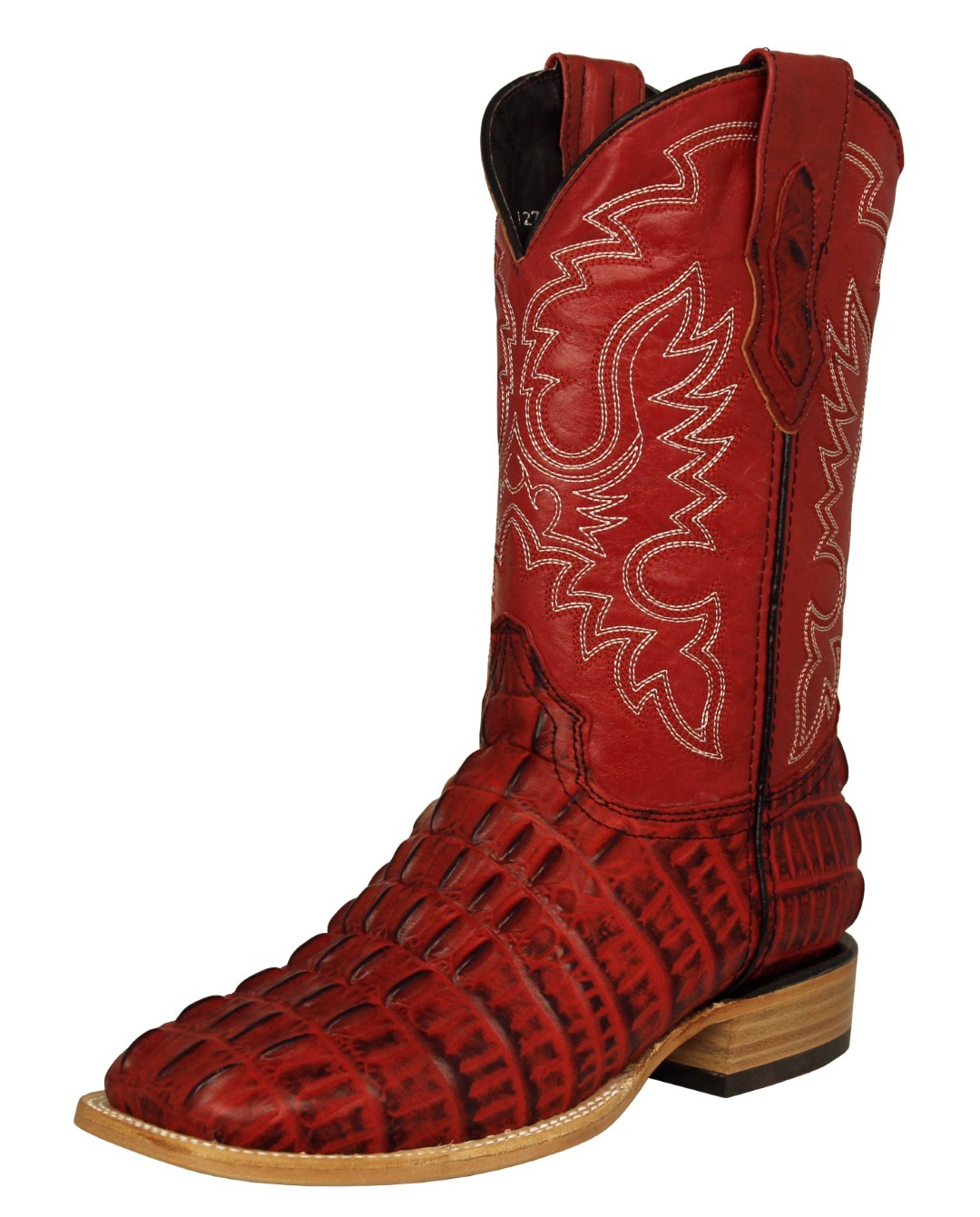 Mens Western Cowboy Boots Red Alligator Tail Pattern Leather Square Rancho Bota