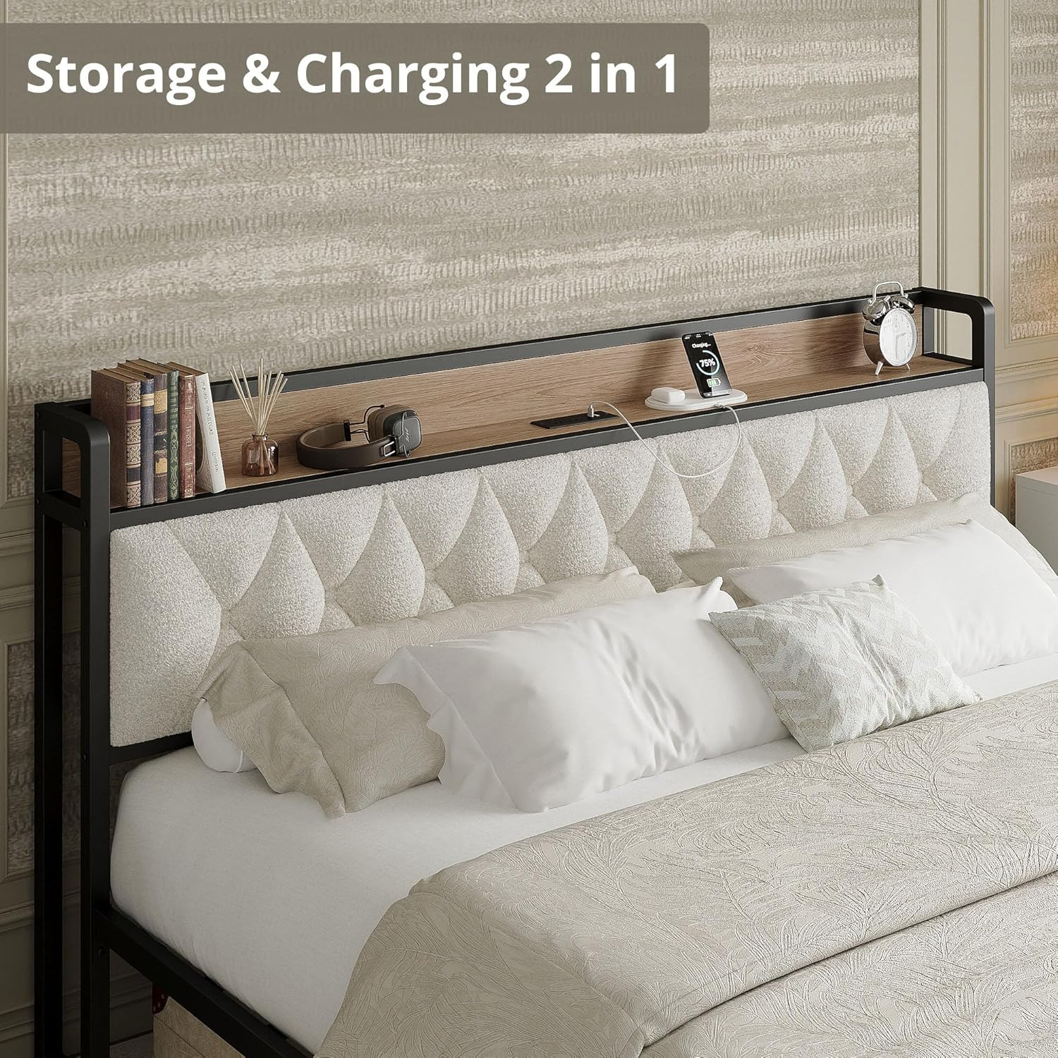 King Bed Frame, Storage Headboard with Charging Station, Platform Bed Frame with