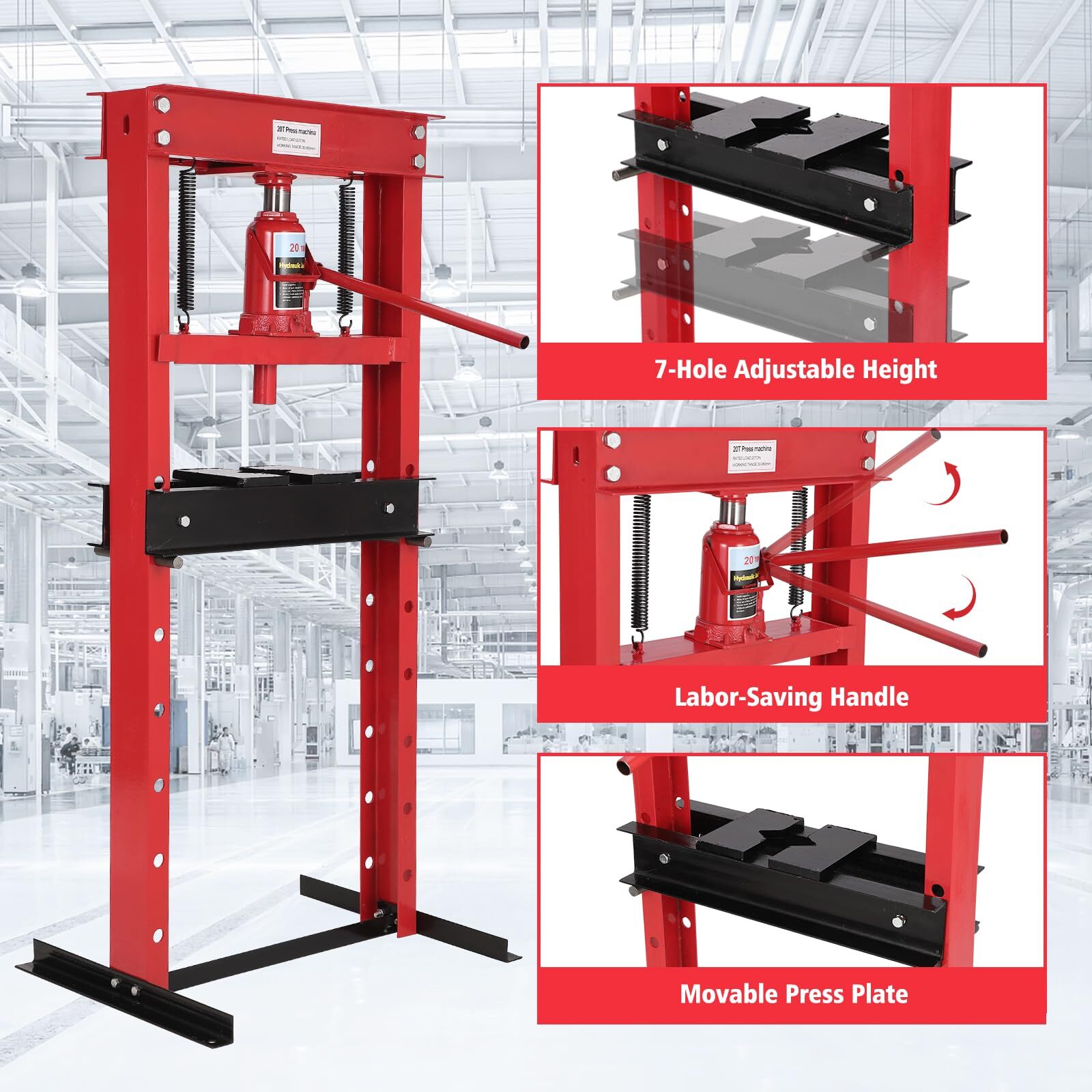 20 Ton Hydraulic Shop Press with Press Plates H-Frame Adjustable Working Table