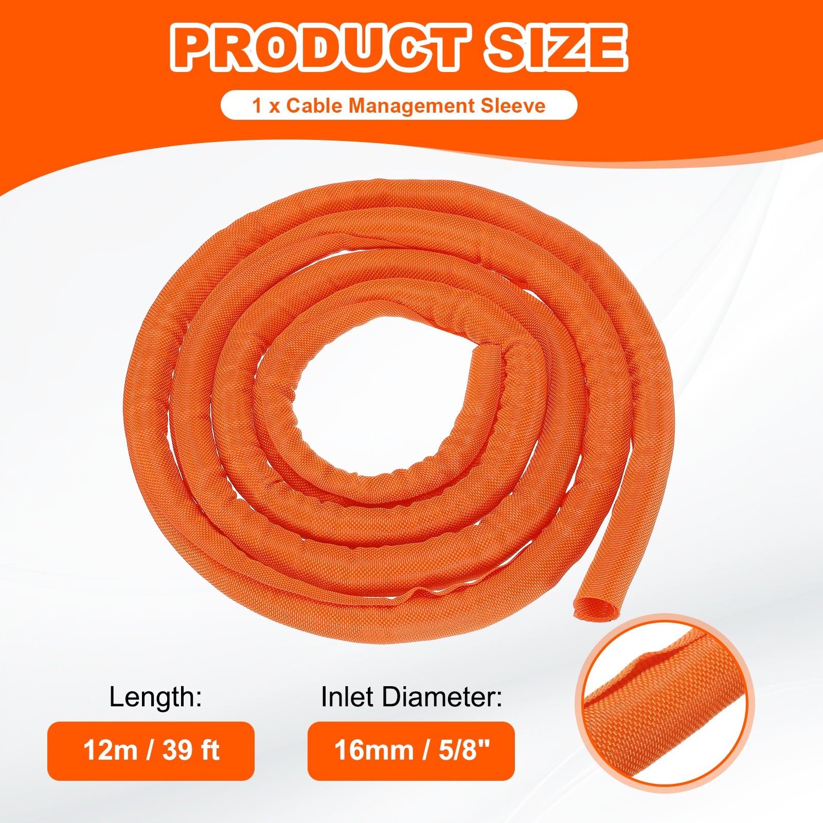 Wire Split Braided Cable Management Sleeve, Orange (5/8" - 39 Feet)