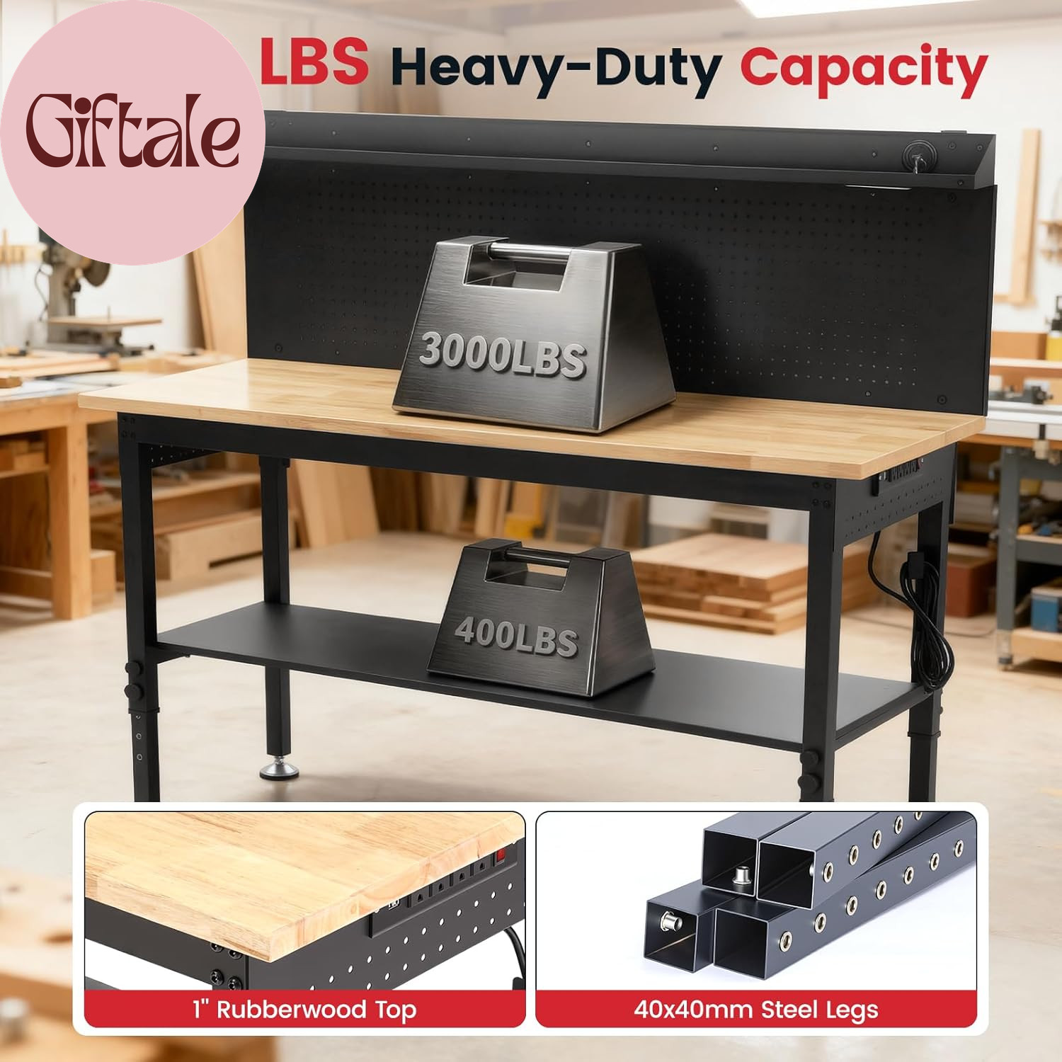 60'' Heavy Duty Workbench 3000 LBS Load Capacity Adjustable Height Garage Work B