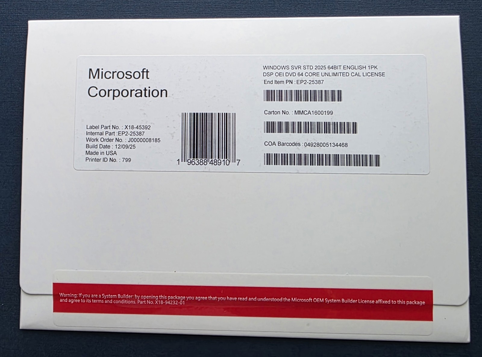 Microsoft Windows Server 2025 Standard 64 Core Unlimited CALs License Key New
