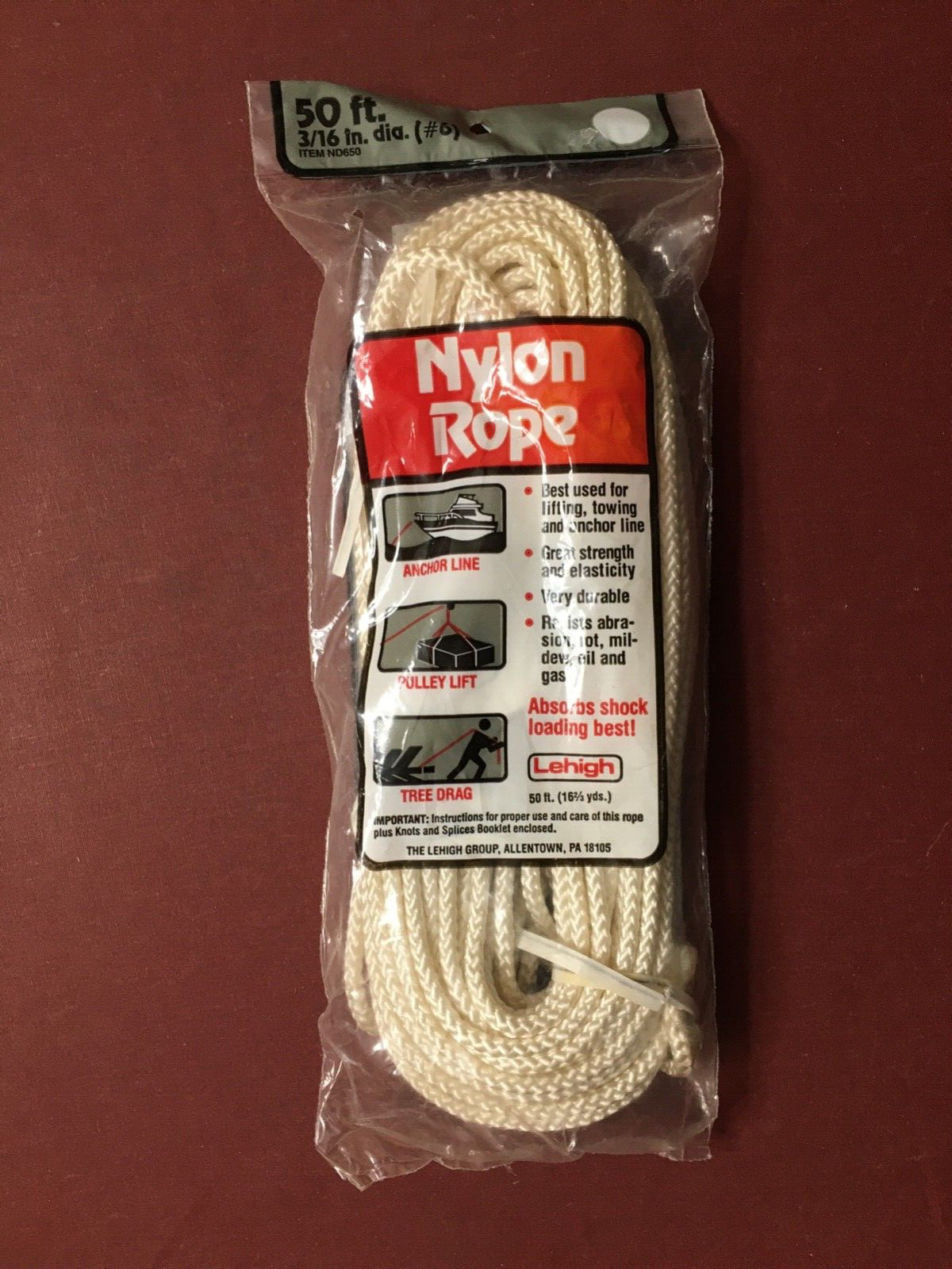New - Lehigh 50 Ft. x 3/16" Braided Nylon Rope - 75# - Resistant to Oil and Gas