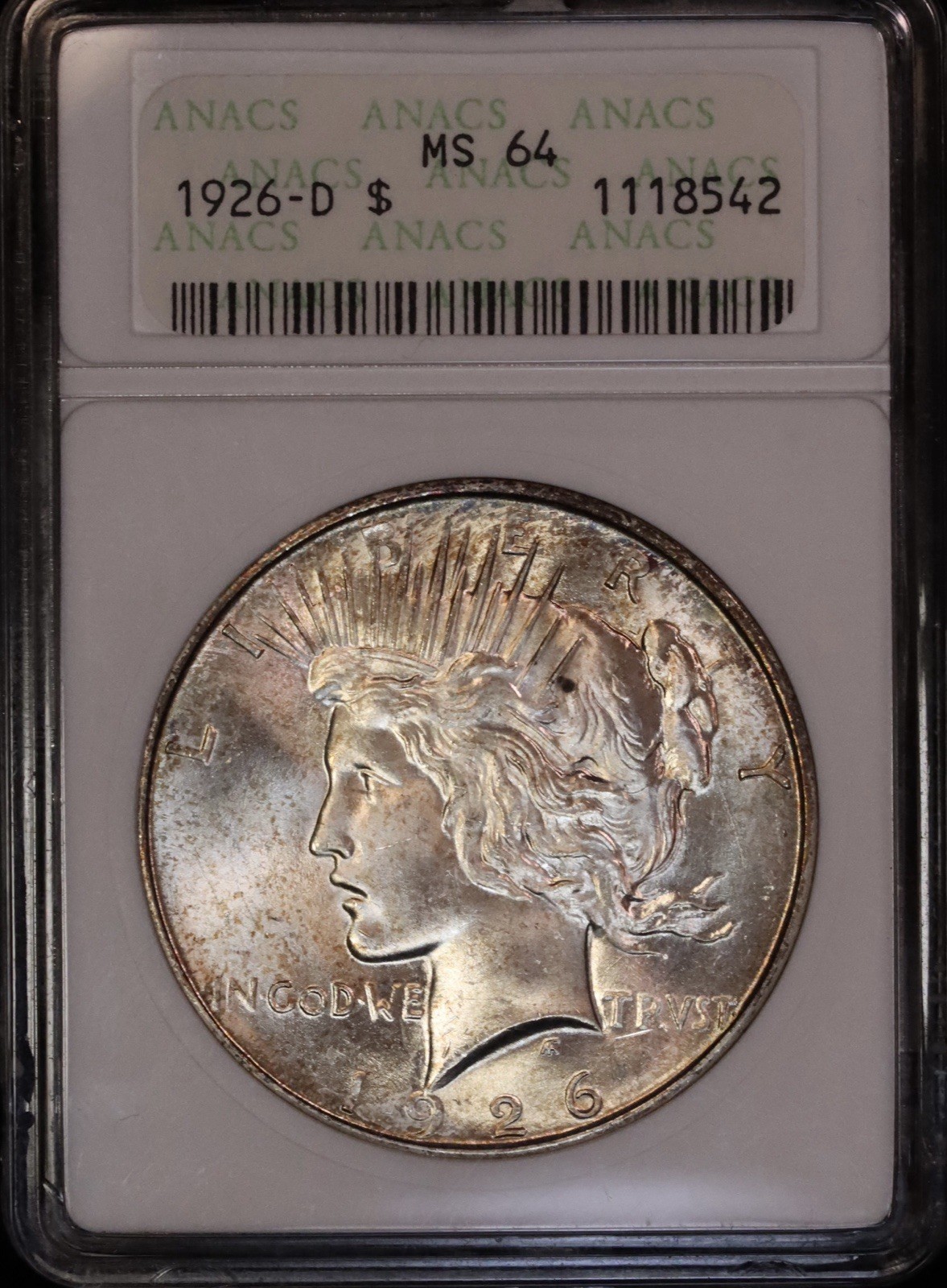 1926 D Peace Dollar ANACS MS64, Soapbox Holder, Toned, FREE SHIPPING