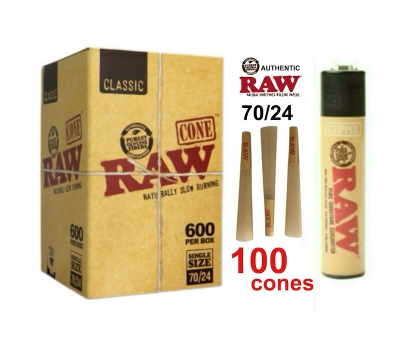 Raw single Size 70/24 Pre Rolled Cone raw Rolling Paper + Lighter