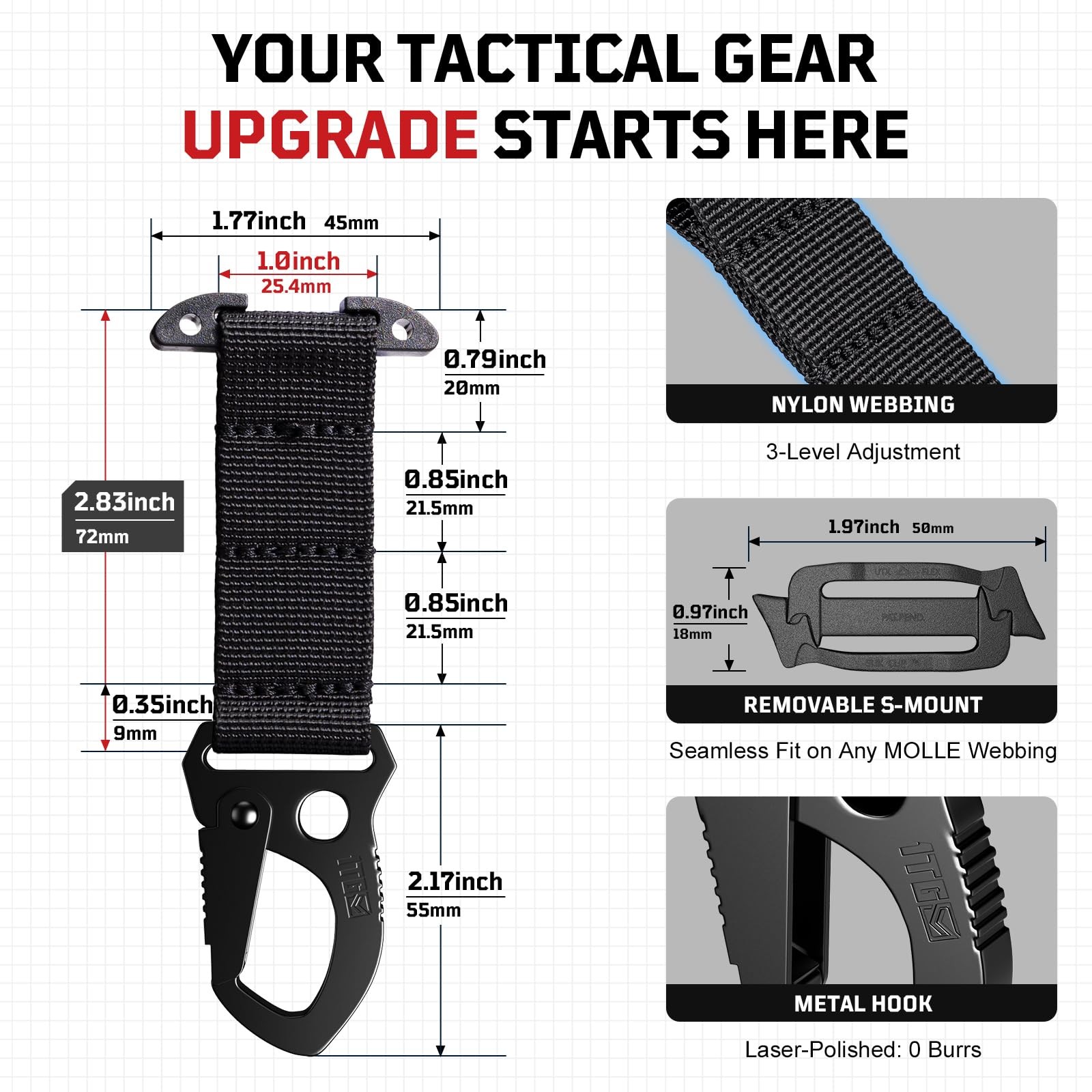 Tactical MOLLE Clip with Quick-Release Metal Hook & Nylon Webbing Black