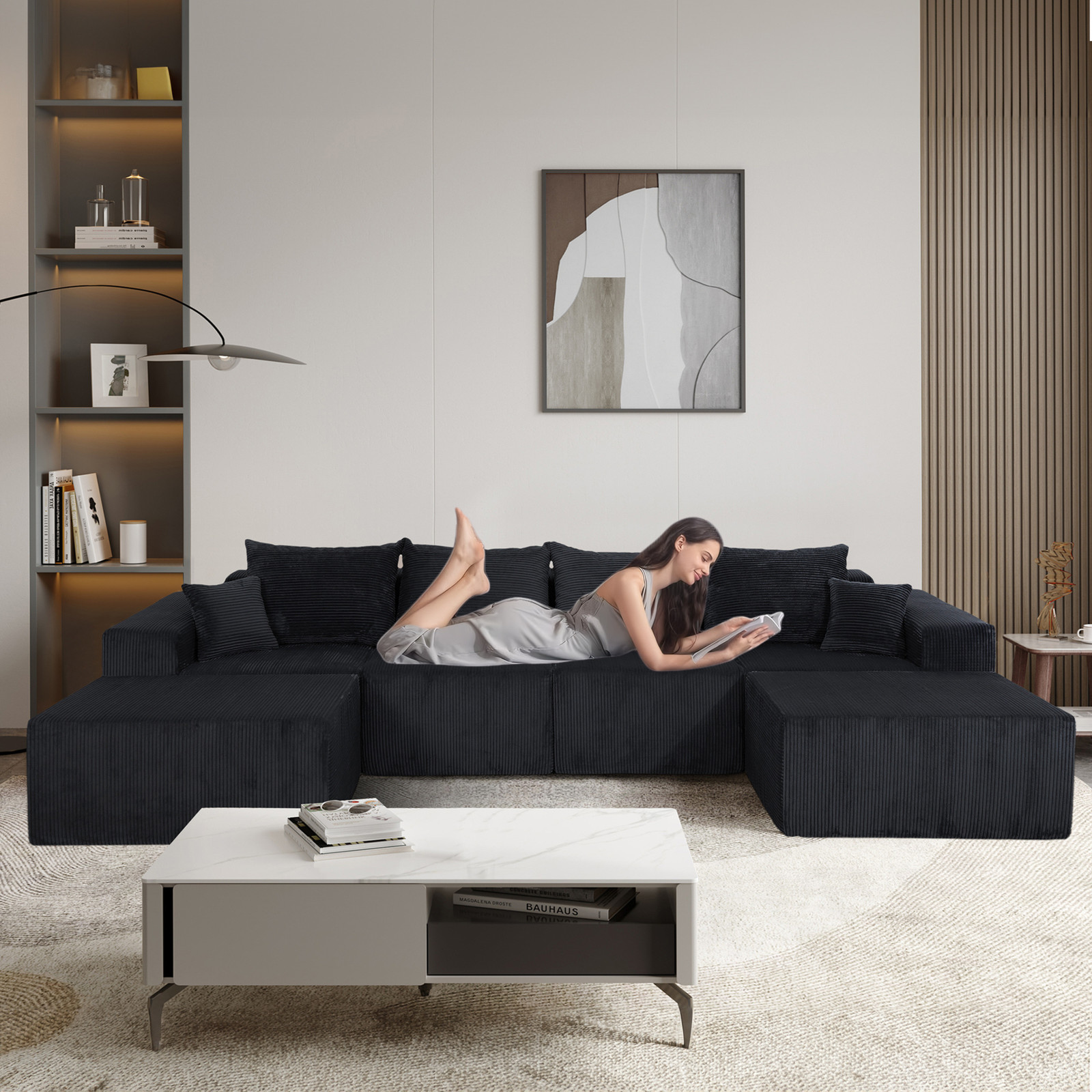 (Old SKU:W3163S00040)6-Piece Modular U-Shaped Sectional Sofa in Black, Convertib
