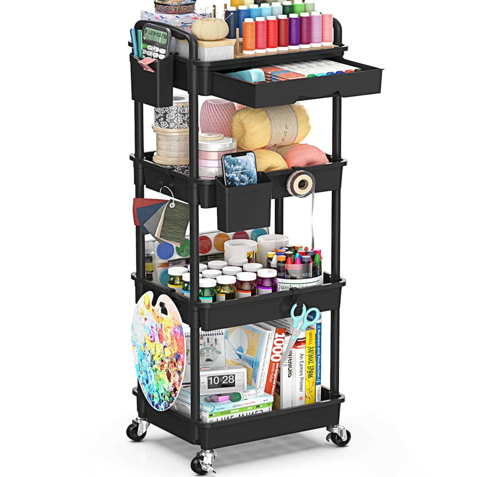 4 Tier Rolling Utility Cart with Drawer, Storage Organizer Cart with 2 Lockab...