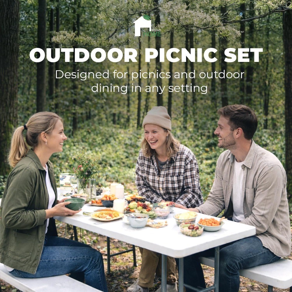 6 Ft White Plastic Folding Table Set with 2 Benches – Heavy-Duty Picnic Table
