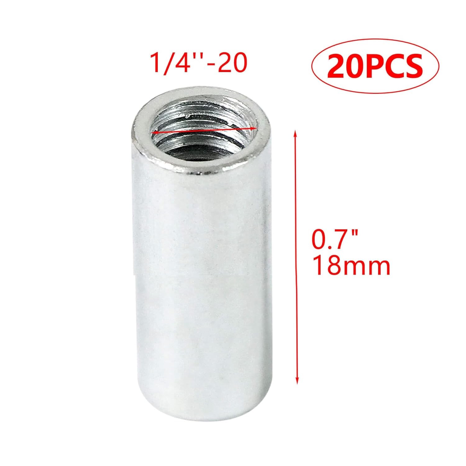 20 Packs 1/4"-20 Round Rod Coupling Nuts, UNC Threaded 1/4"-20, Silver