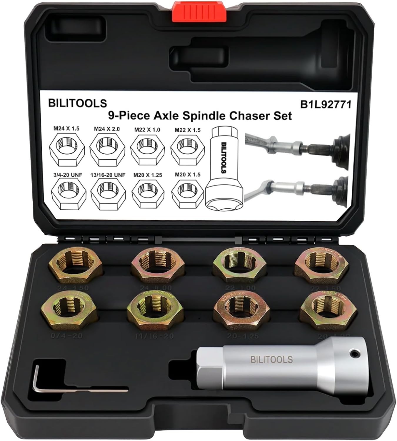 Axle Spindle Rethreading Tool Kit, 10-Piece Axle Wheel Stud Thread Chaser Repair