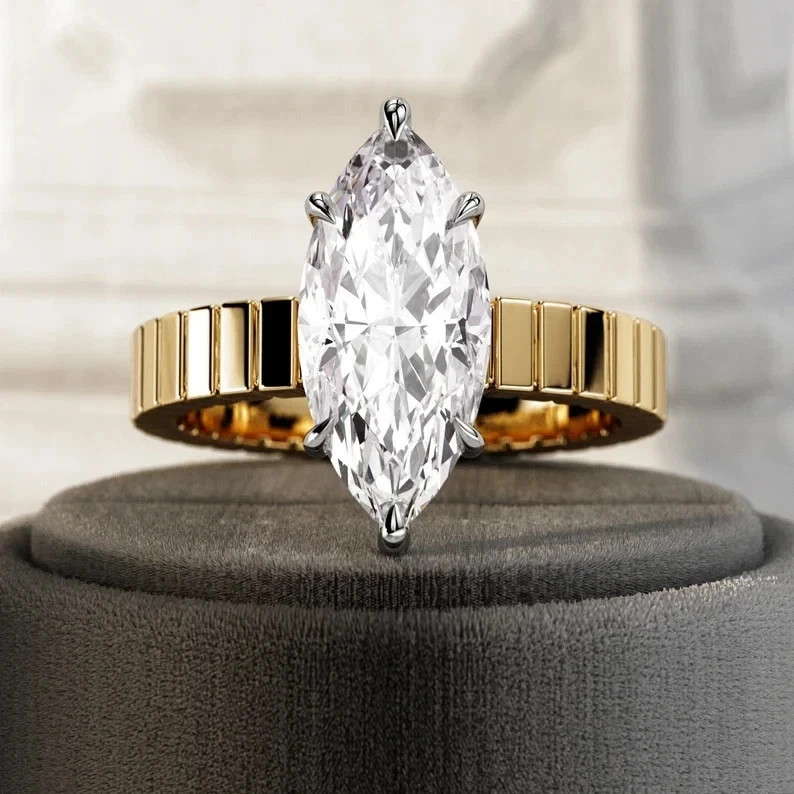 3.20 Ct Moissanite Marquise Cut Prong Engagement Ring 14K Yellow Gold Plated