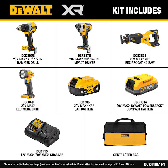 DEWALT DCK449E1P1 20V MAX XR Brushless 4-Tool Combo Kit with POWERSTACK Battery,