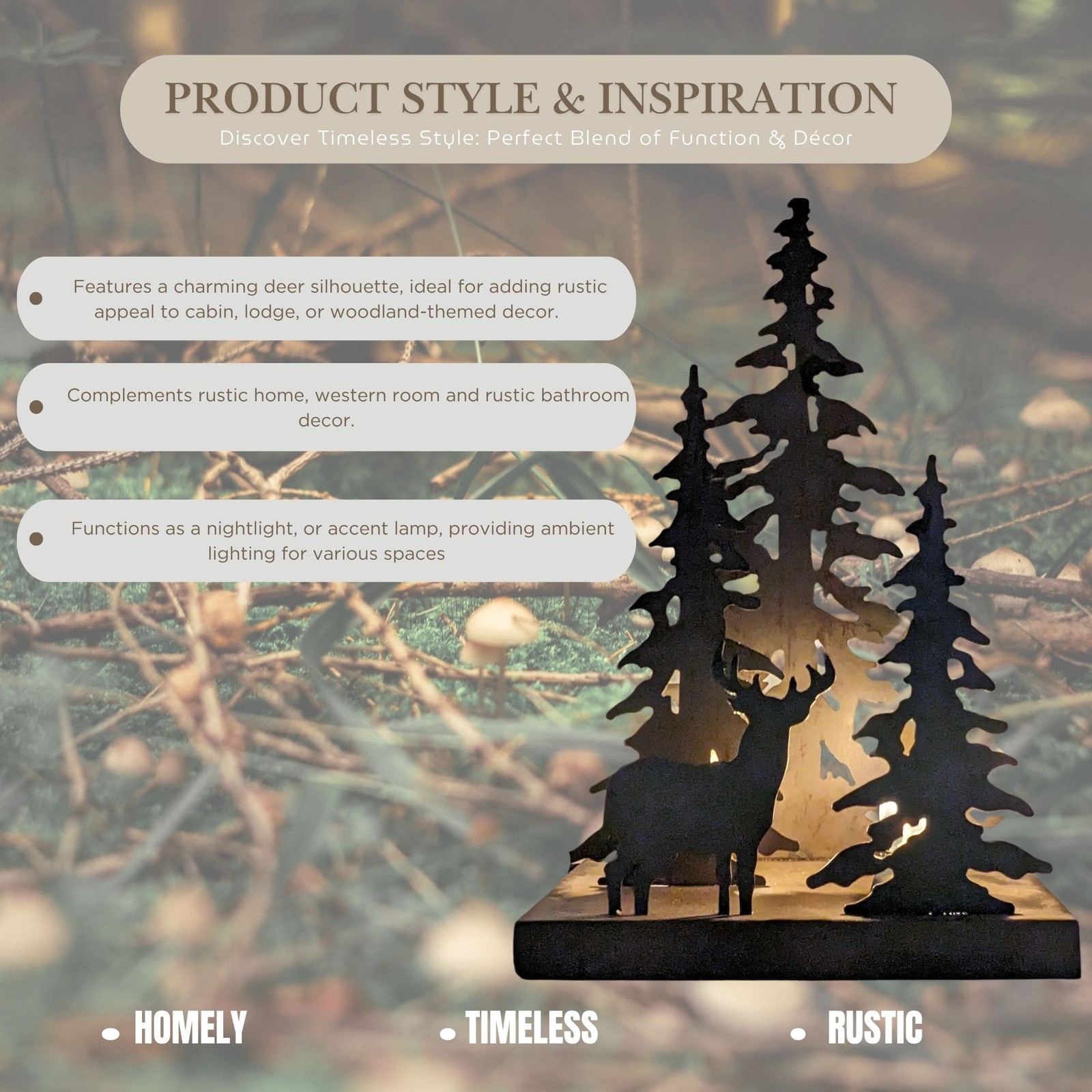 Rustic Deer Silhouette Lamp – Dark Brown Forest Table Light for Cabin Décor