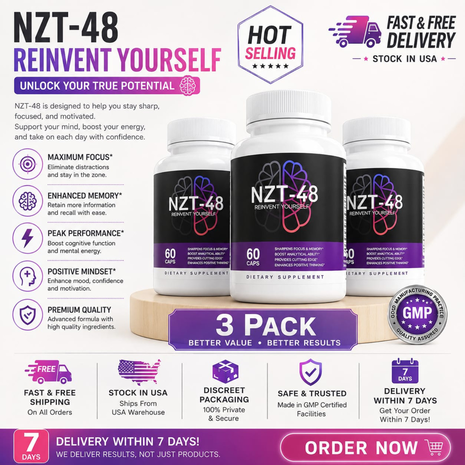 NZT-48 Smart Supplement 1 Tablet Cognitive Focus Memory Support Formula 3 Pack