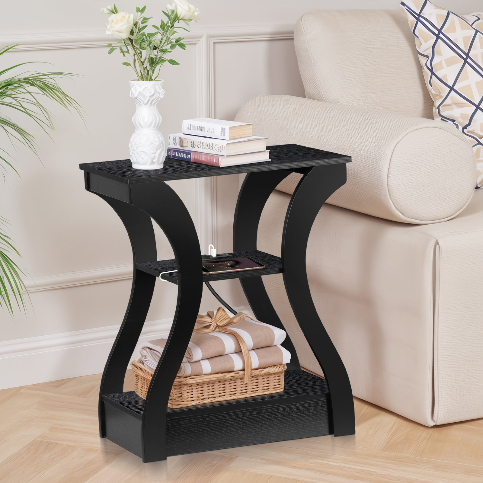 End Table with Charger Station 3-Tier Storage Shelves for Small Spaces Black