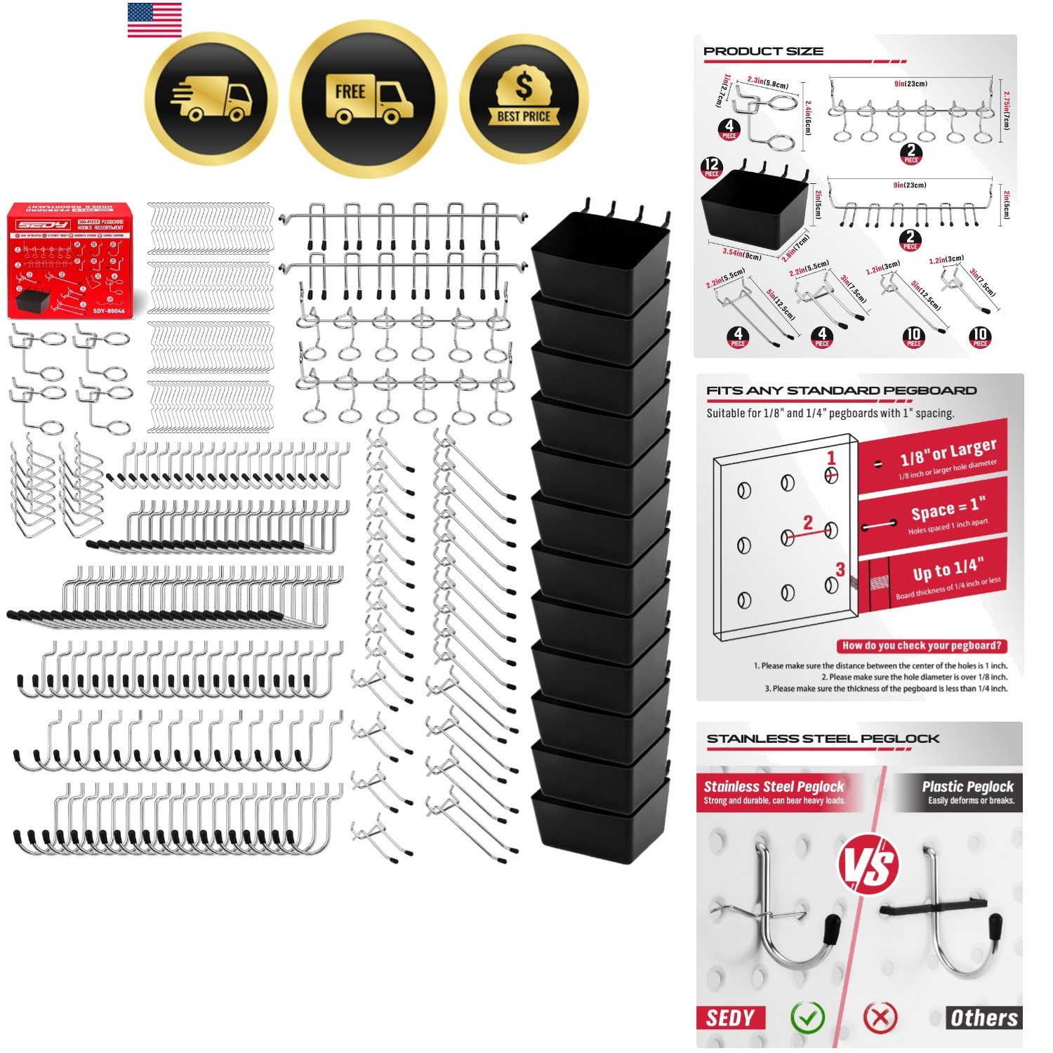 300-Piece Pegboard Hook Set, Pegboard Organizer Accessories for Hanging, Dura...