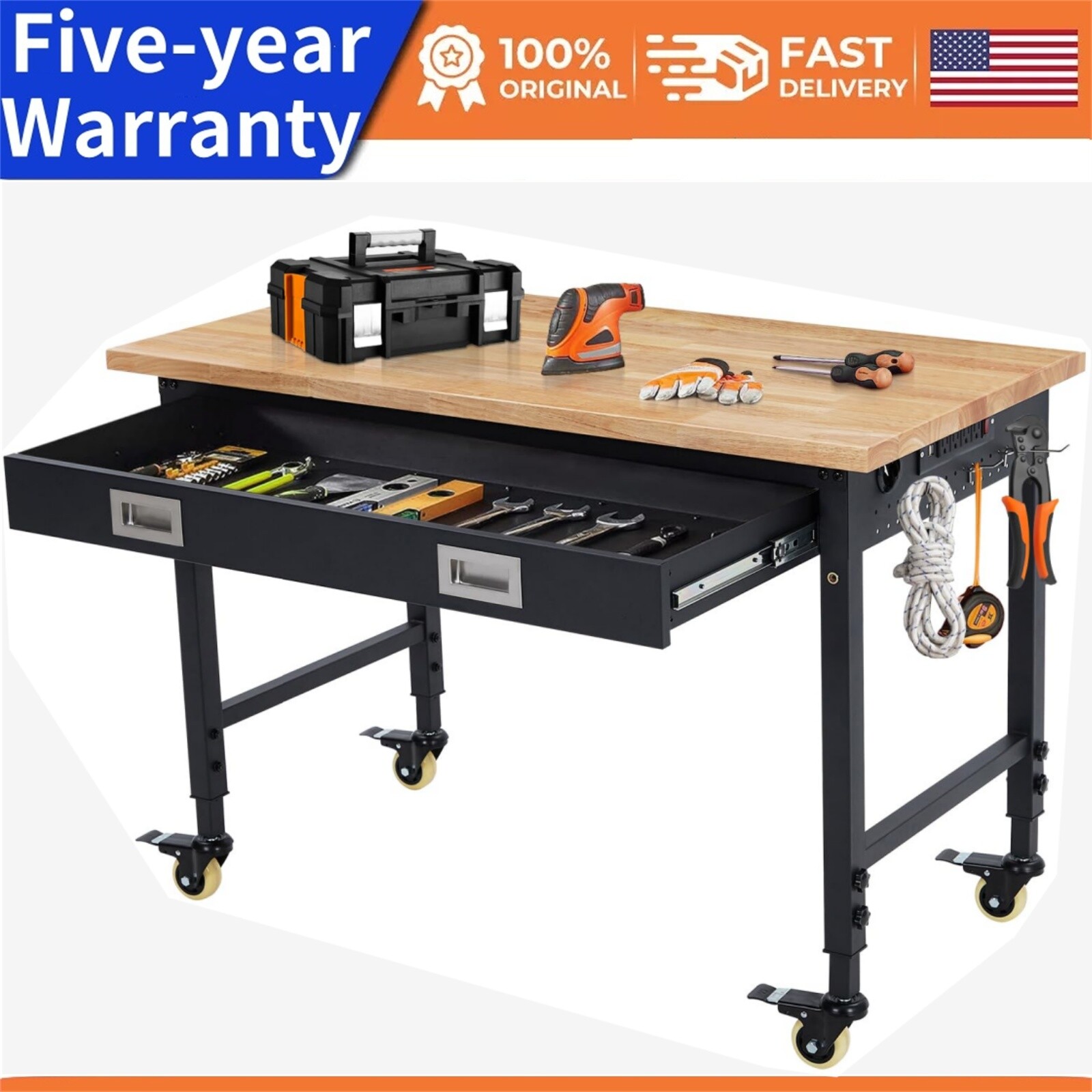 48" Workbench Rubber Wood Top Workstation with Drawer & 4 Rolling Casters 2000LB