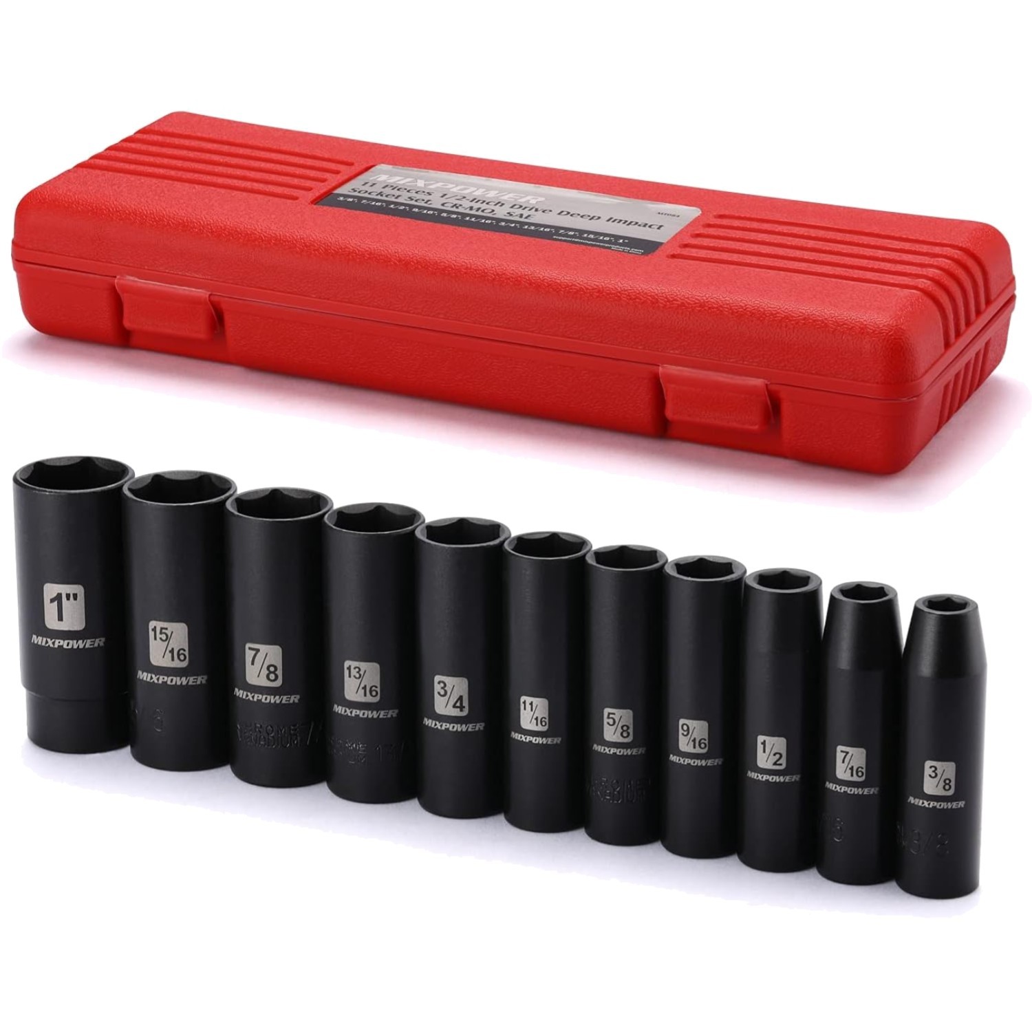 Impact Socket Set 11 Pieces Chrome Vanadium Deep SAE 6-Point for Heavy Duty