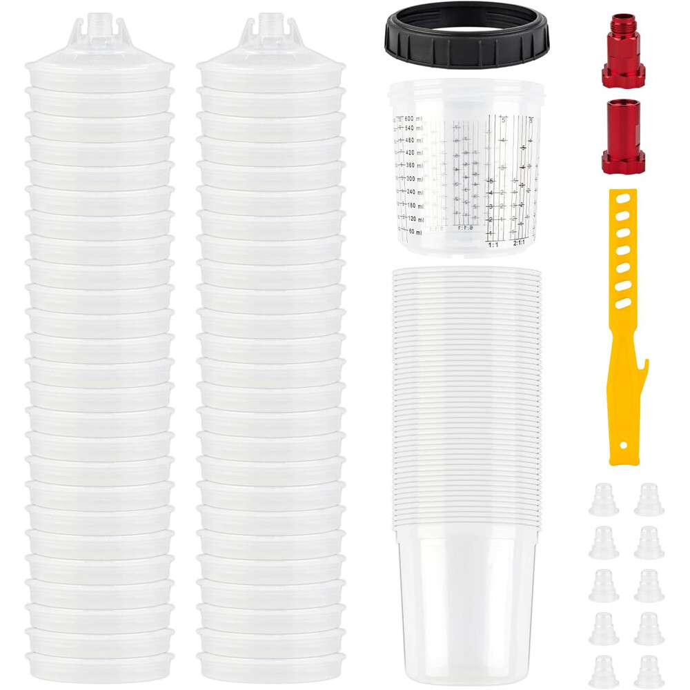 50 Pack Disposable Paint Spray Gun Cup Liners & Lid System Kit 20oz 600ML Cups
