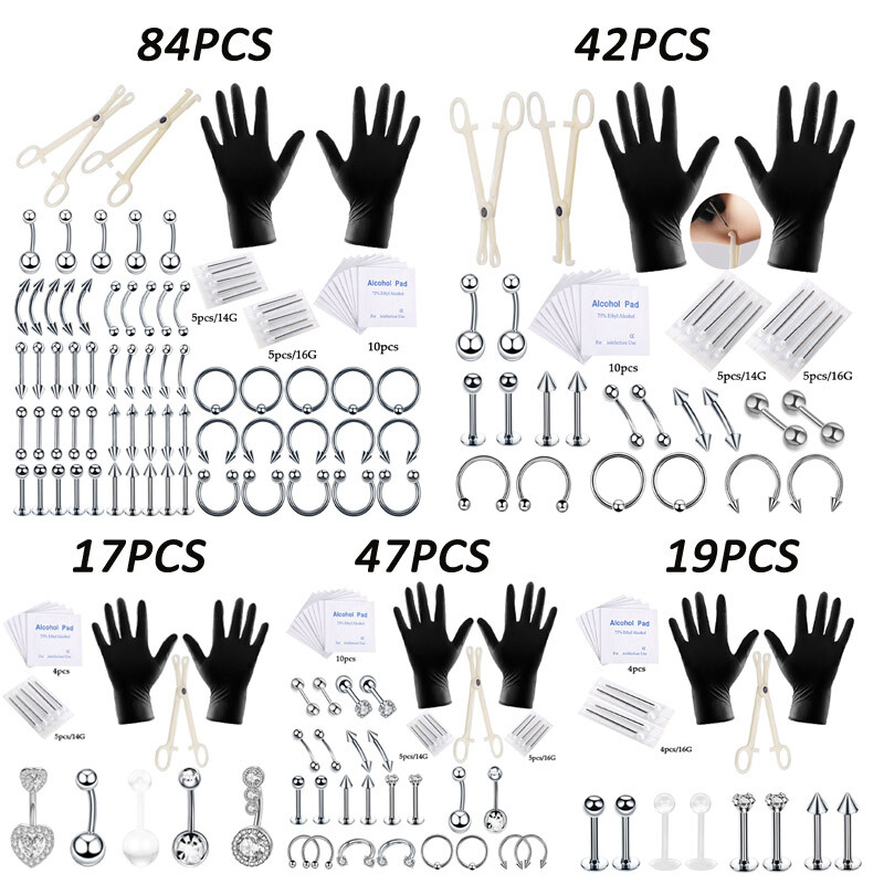 84Pcs Professional Body Piercing Tool Ear Nose Navel Nipple Stud Ring Needle Set