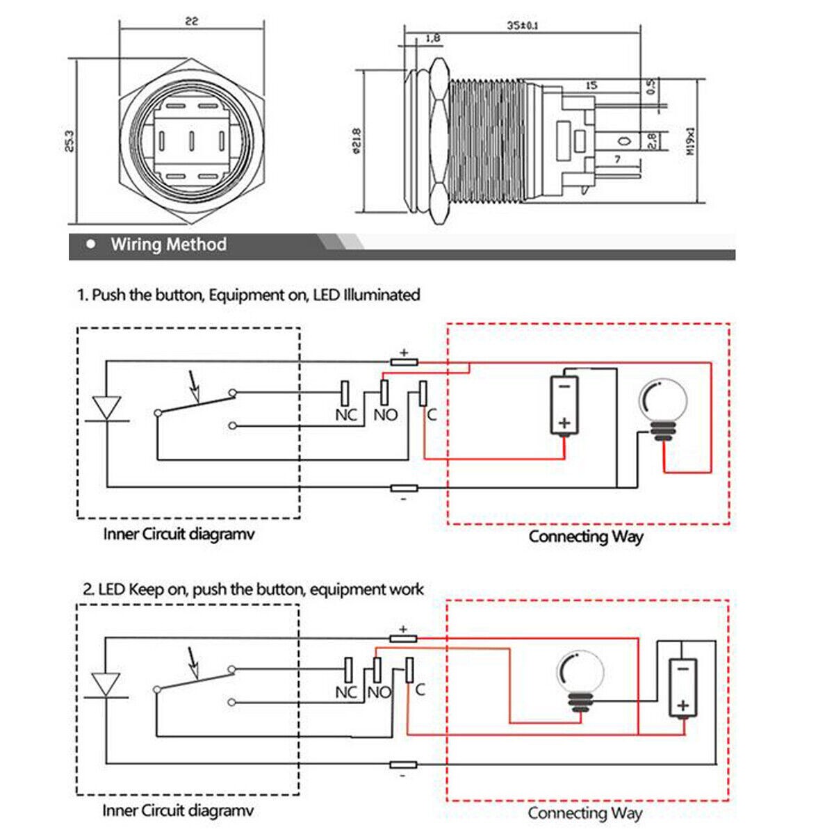 19MM Stainless Steel LED Push Button Push Button Switch Knob Switch CE CCC 12-24V 5A