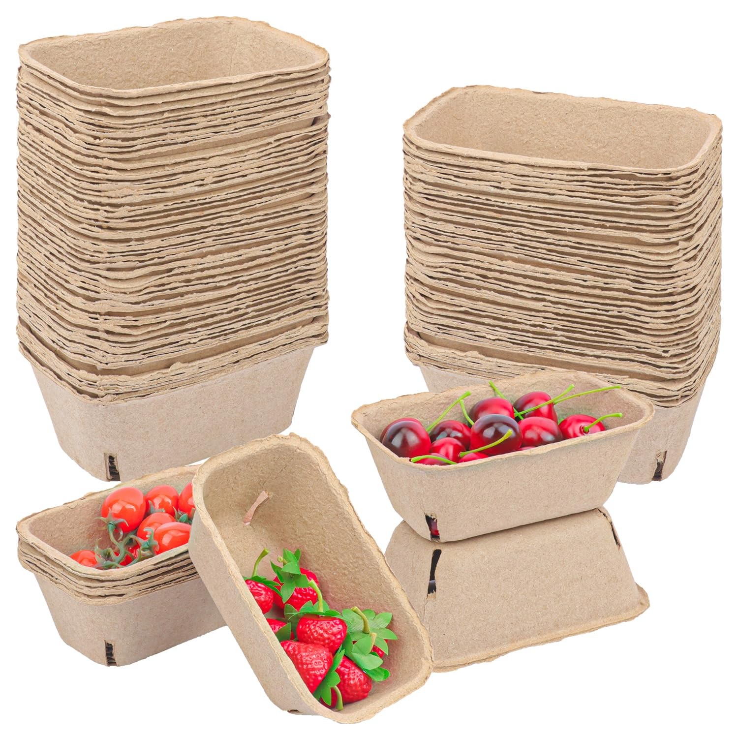 100 PCS Large Natural Pulp Fiber Molded Berry Baskets Produce Tray 7.3 Inch