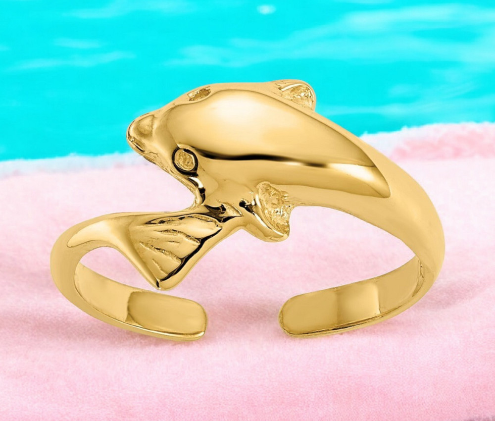 Solid 14k or  10k Yellow Gold Dolphin Toe Ring - Adjustable Toe Ring Women -