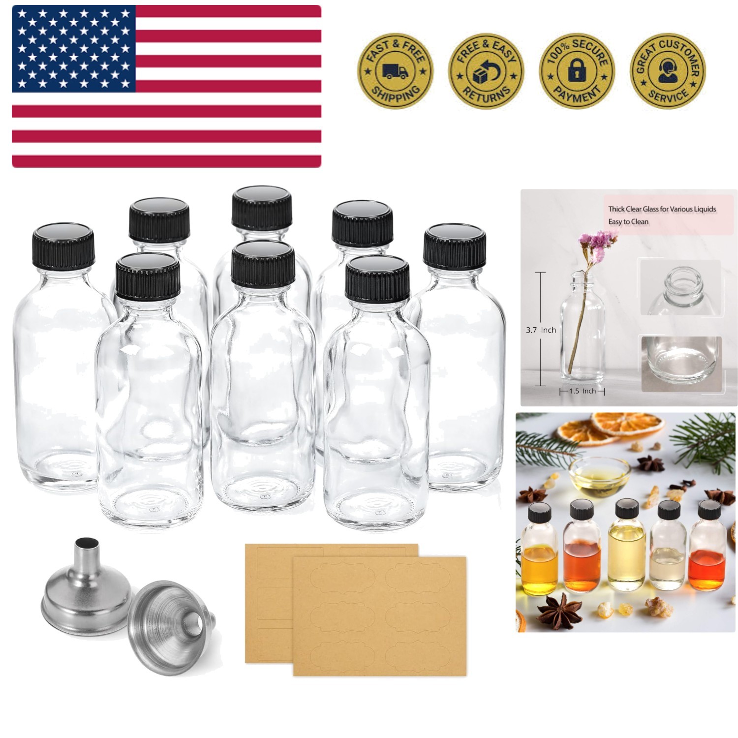 8 Pack, 2 oz Small Clear Glass Bottles w/Lid & 2 Funnels - 60ml Boston Shot B...