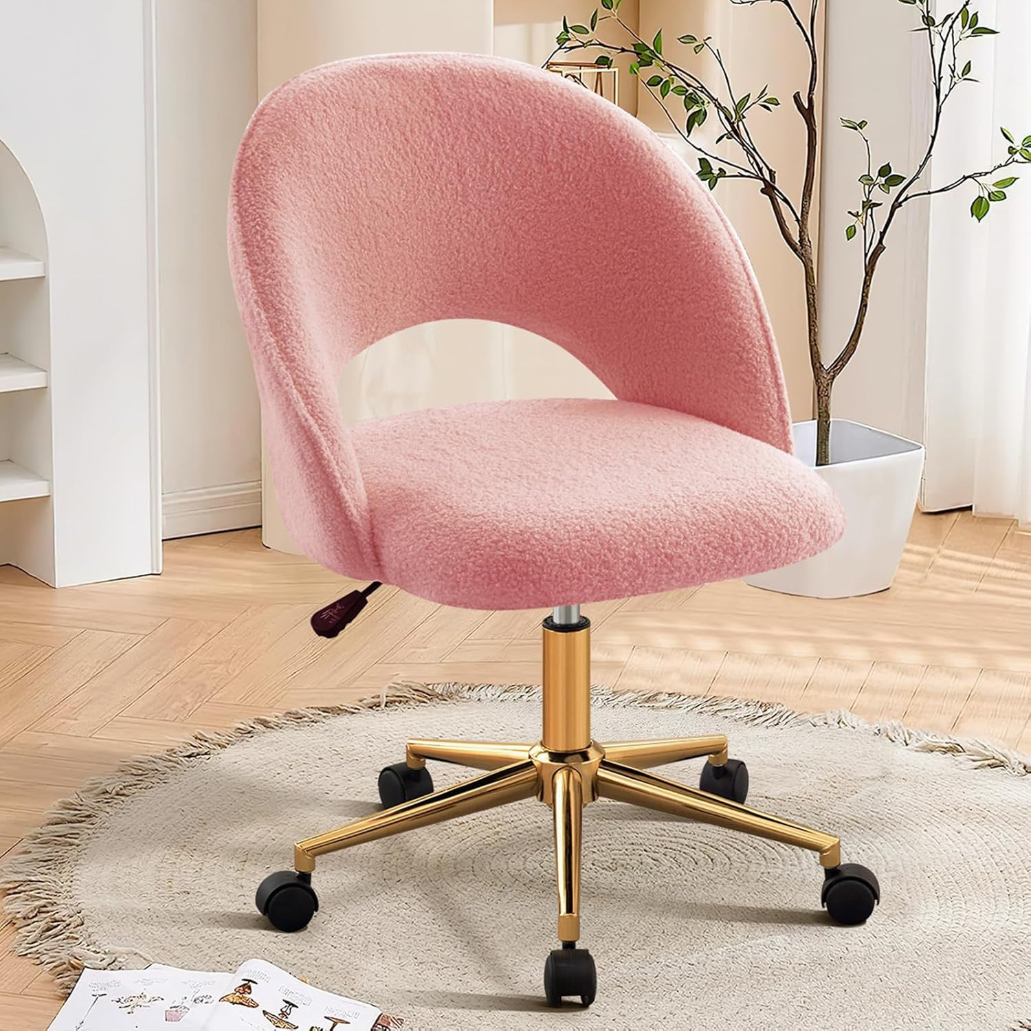 Cute Pink Sherpa Vanity Desk Chair with Wheels and Gold Metal Accents