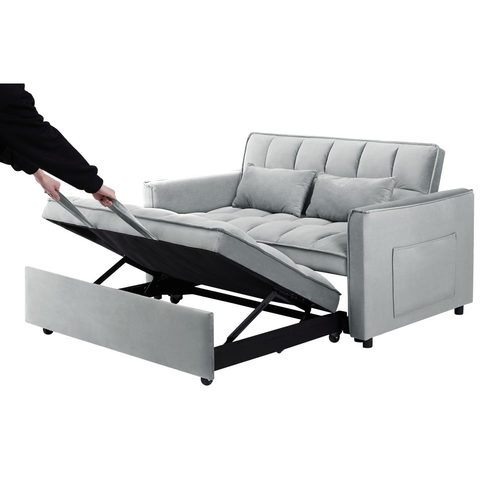 Velvet Convertible Sofa Bed 3-in-1 w/ Adjustable Back & Storage, Light Gray