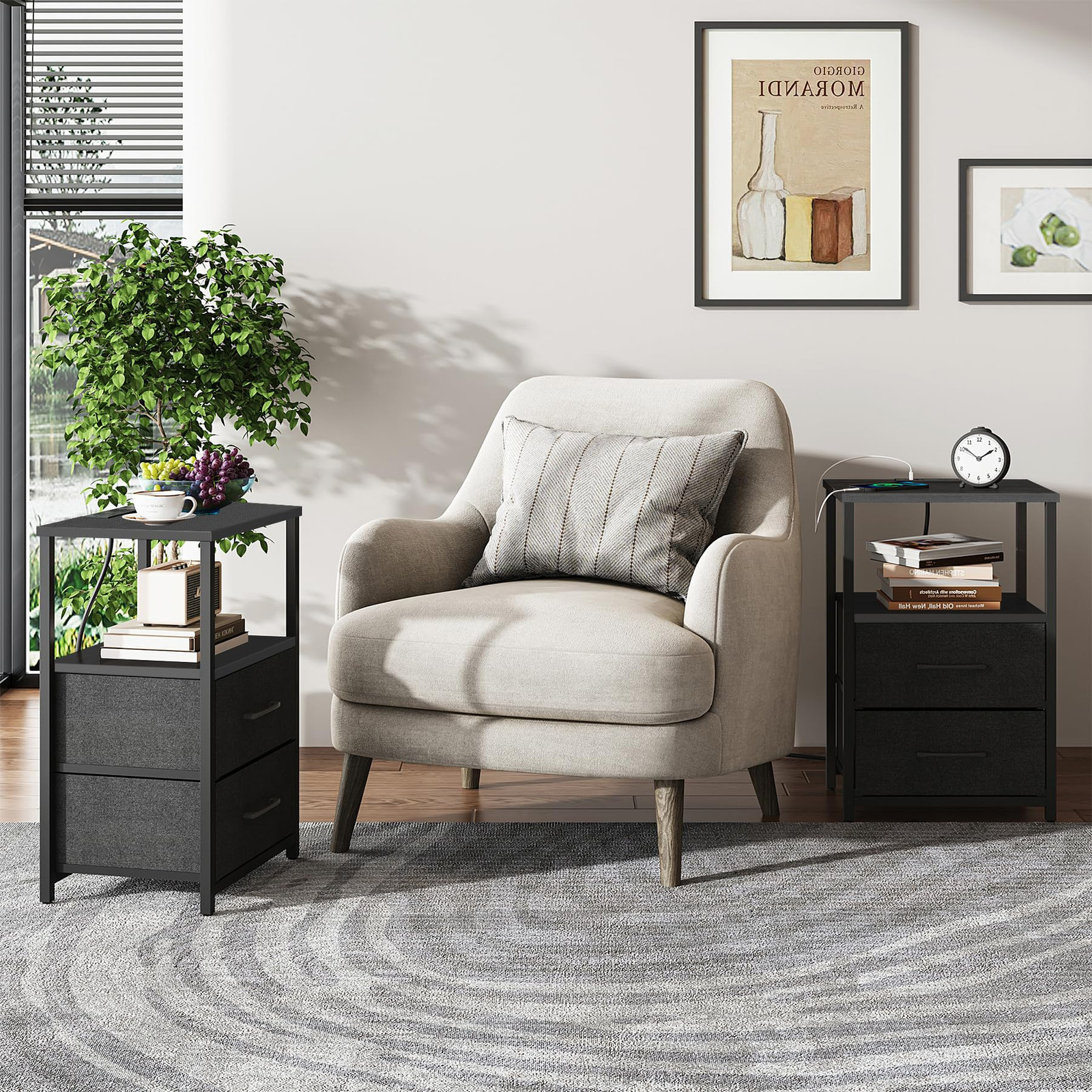 End Table with Charging Station, Side Table with 2 USB Ports and Outlets, Nig...